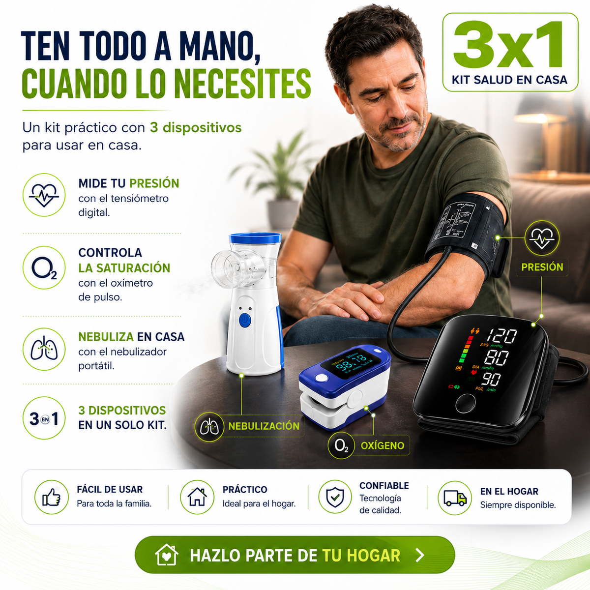 KIT SALUD EN CASA - Tensiómetro + Nebulizador + Oxímetro