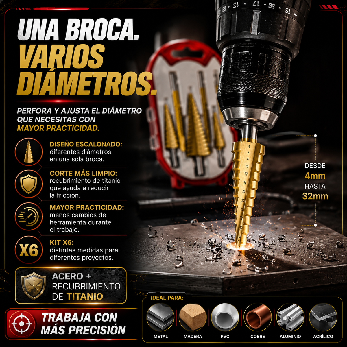 KIT PROFESIONAL X6 BROCAS I ACERO Y TITANIO