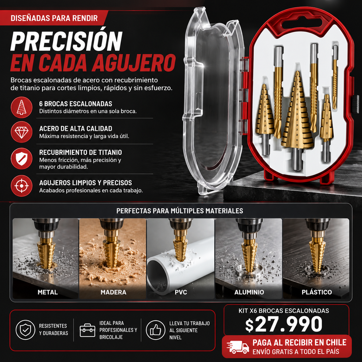 KIT PROFESIONAL X6 BROCAS I ACERO Y TITANIO